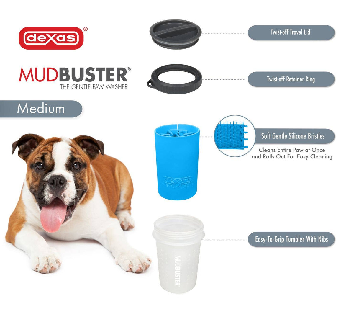 MudBuster Paw Washer with Travel Lid - Pet Cleaning Supplies: Medium Blue Lidded MudBuster